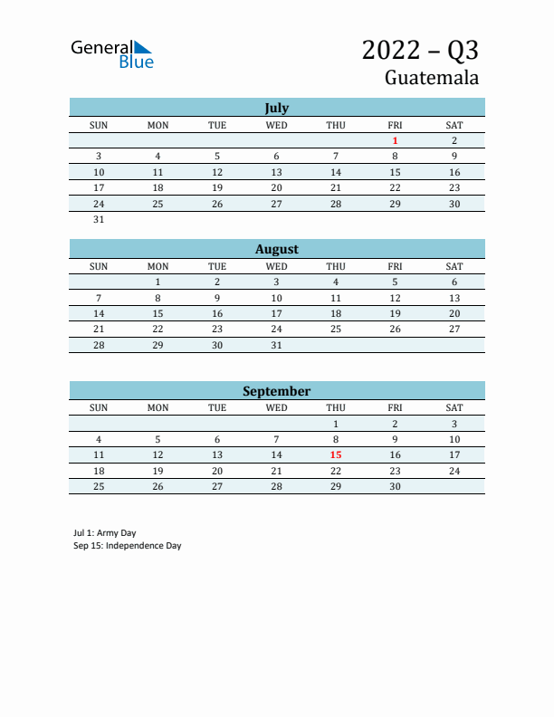 Three-Month Planner for Q3 2022 with Holidays - Guatemala