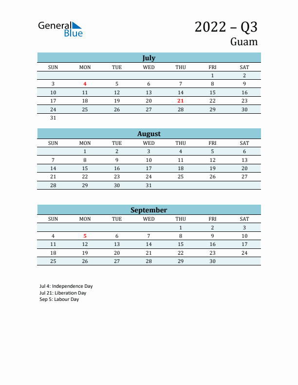 Three-Month Planner for Q3 2022 with Holidays - Guam