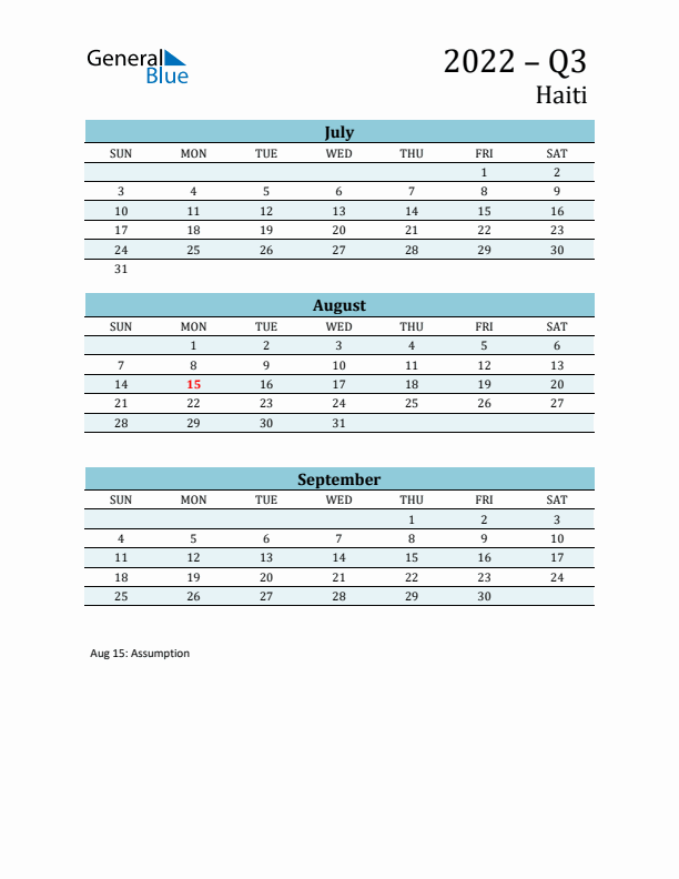 Three-Month Planner for Q3 2022 with Holidays - Haiti