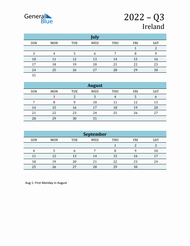 Three-Month Planner for Q3 2022 with Holidays - Ireland