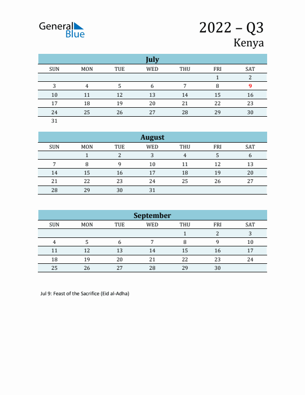 Three-Month Planner for Q3 2022 with Holidays - Kenya