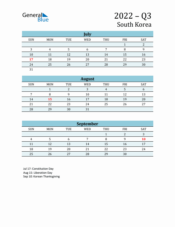Three-Month Planner for Q3 2022 with Holidays - South Korea
