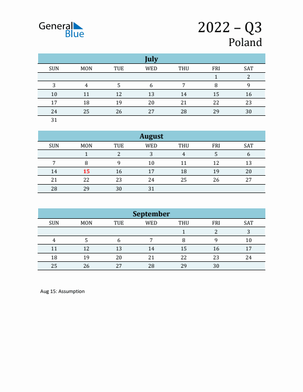 Three-Month Planner for Q3 2022 with Holidays - Poland