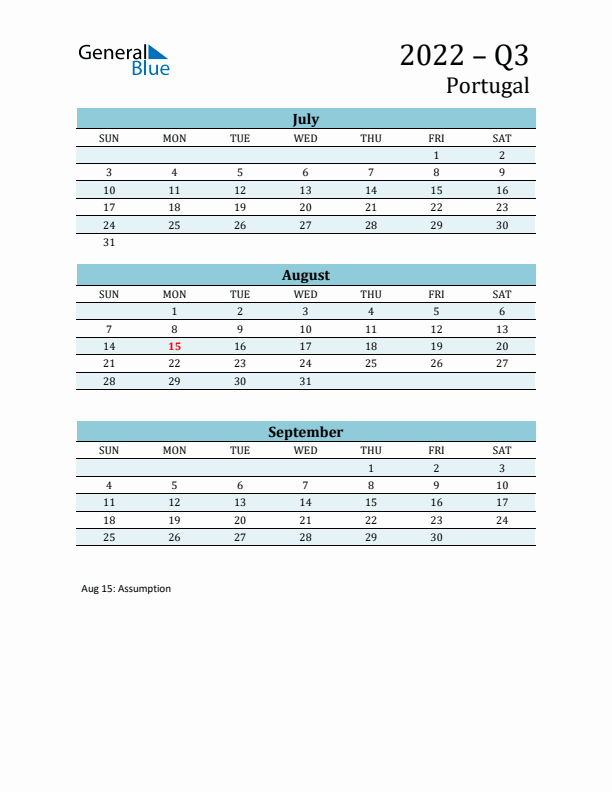 Three-Month Planner for Q3 2022 with Holidays - Portugal