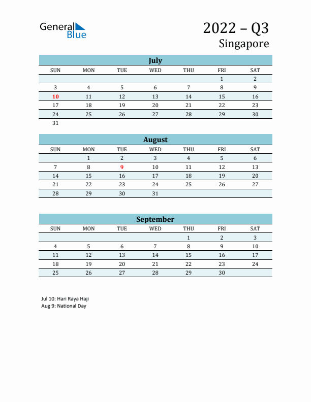 Three-Month Planner for Q3 2022 with Holidays - Singapore