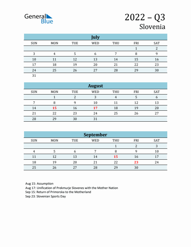 Three-Month Planner for Q3 2022 with Holidays - Slovenia