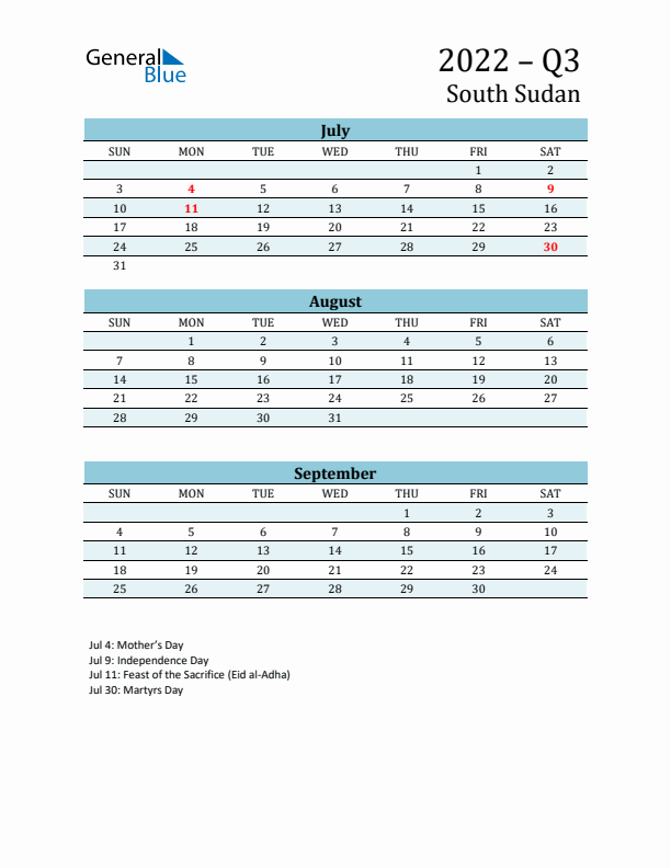 Three-Month Planner for Q3 2022 with Holidays - South Sudan