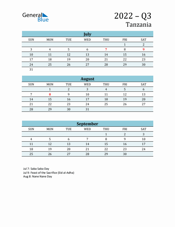 Three-Month Planner for Q3 2022 with Holidays - Tanzania