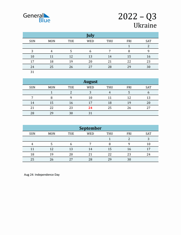 Three-Month Planner for Q3 2022 with Holidays - Ukraine