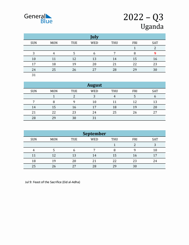 Three-Month Planner for Q3 2022 with Holidays - Uganda