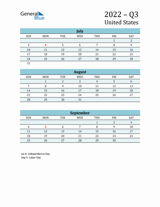 Three-Month Planner for Q3 2022 with Holidays - United States