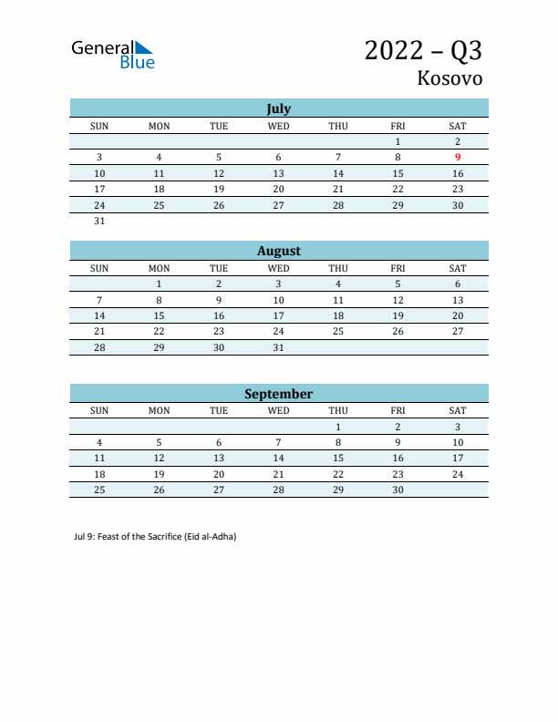 Three-Month Planner for Q3 2022 with Holidays - Kosovo