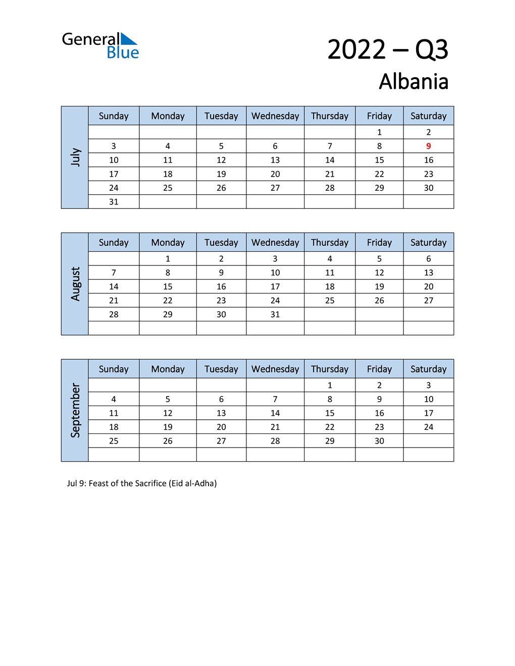  Free Q3 2022 Calendar for Albania