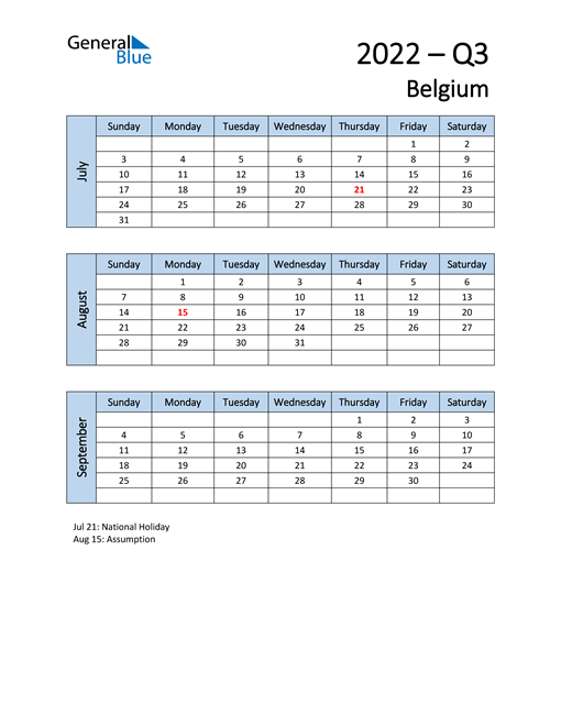  Free Q3 2022 Calendar for Belgium