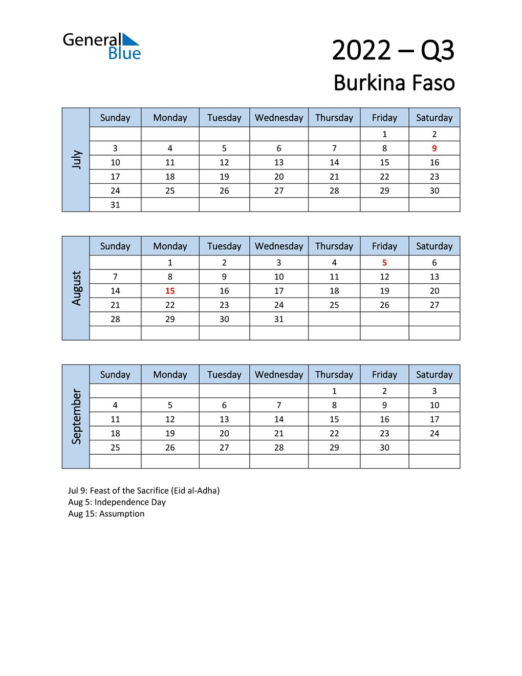  Free Q3 2022 Calendar for Burkina Faso