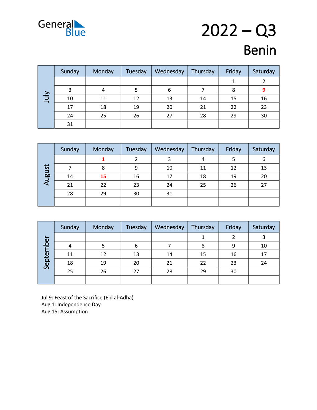  Free Q3 2022 Calendar for Benin