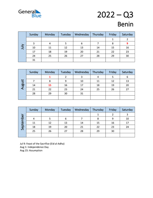  Free Q3 2022 Calendar for Benin