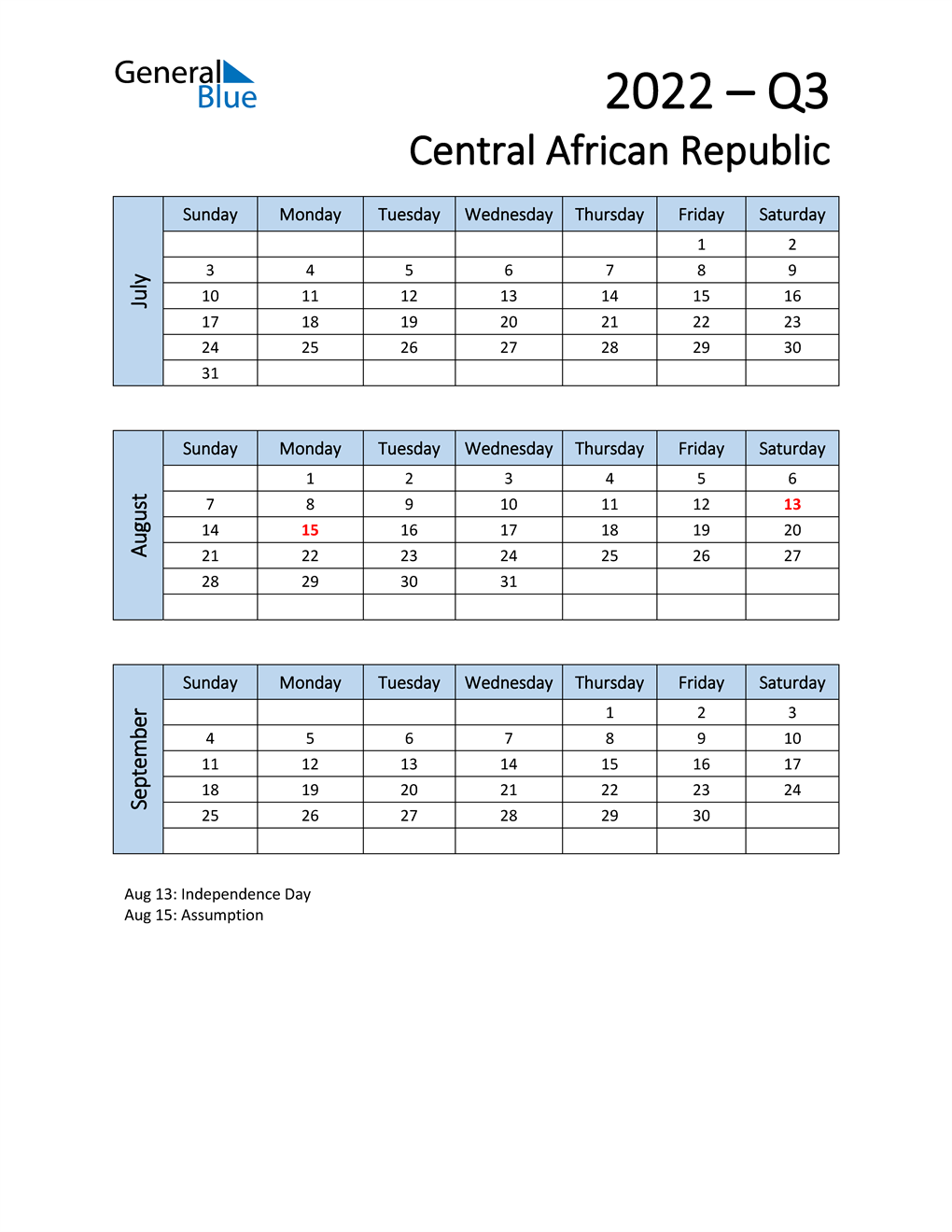  Free Q3 2022 Calendar for Central African Republic