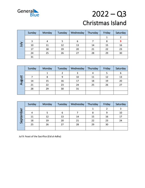  Free Q3 2022 Calendar for Christmas Island