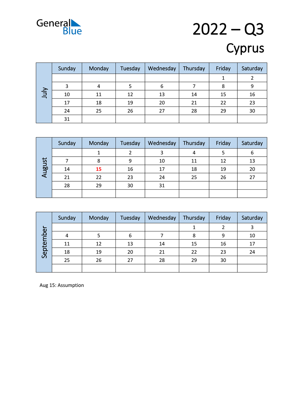  Free Q3 2022 Calendar for Cyprus