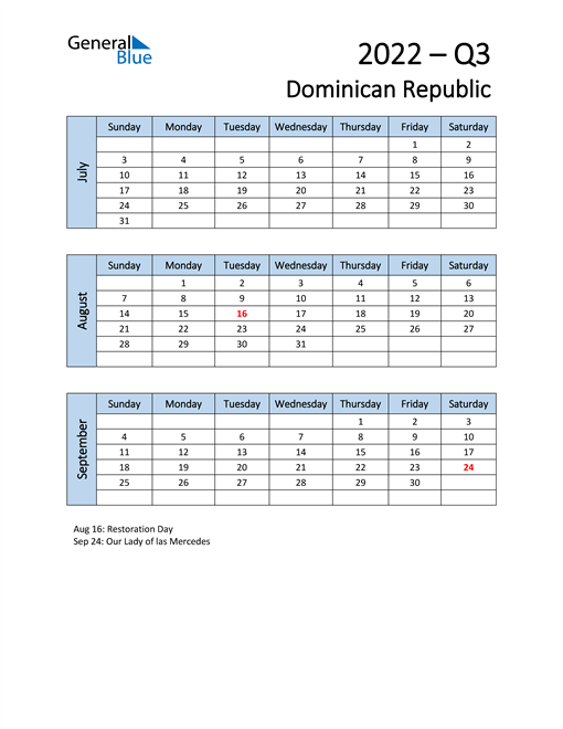  Free Q3 2022 Calendar for Dominican Republic