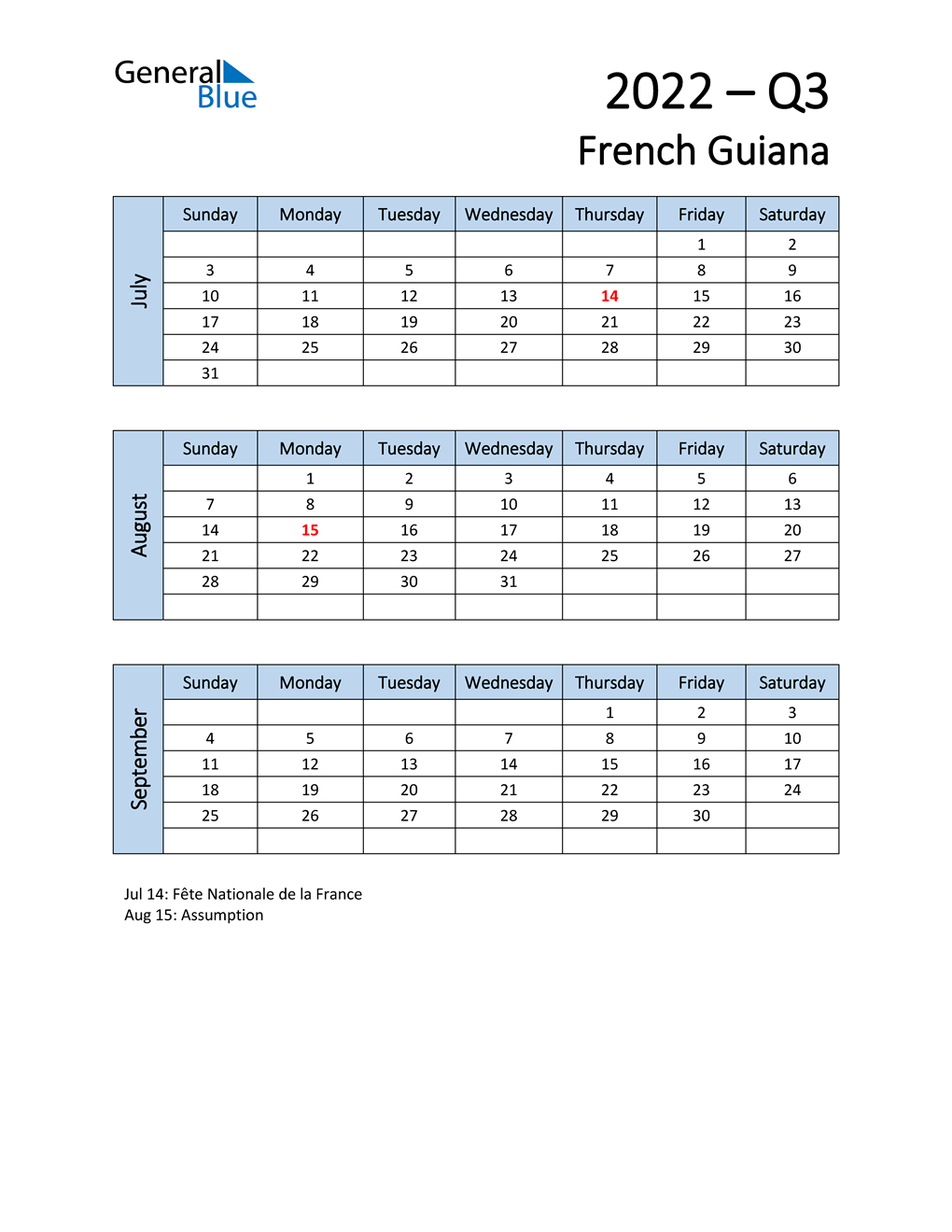  Free Q3 2022 Calendar for French Guiana