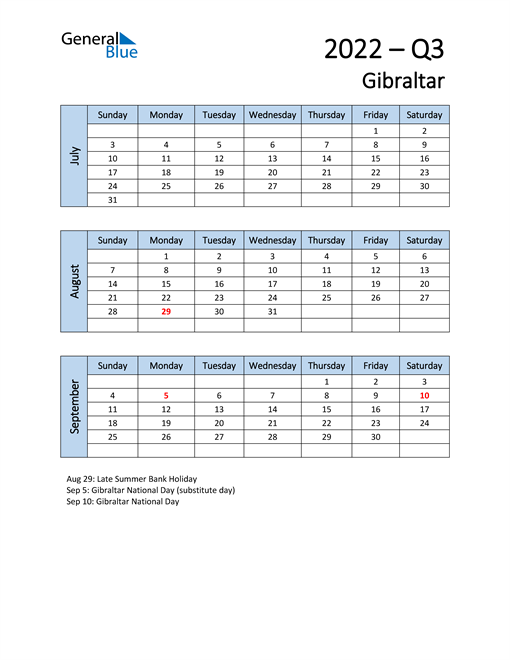  Free Q3 2022 Calendar for Gibraltar