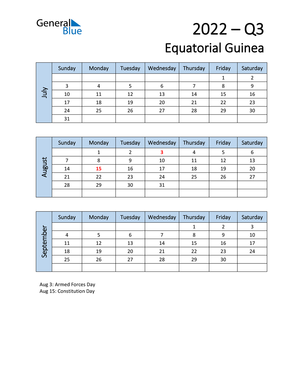  Free Q3 2022 Calendar for Equatorial Guinea