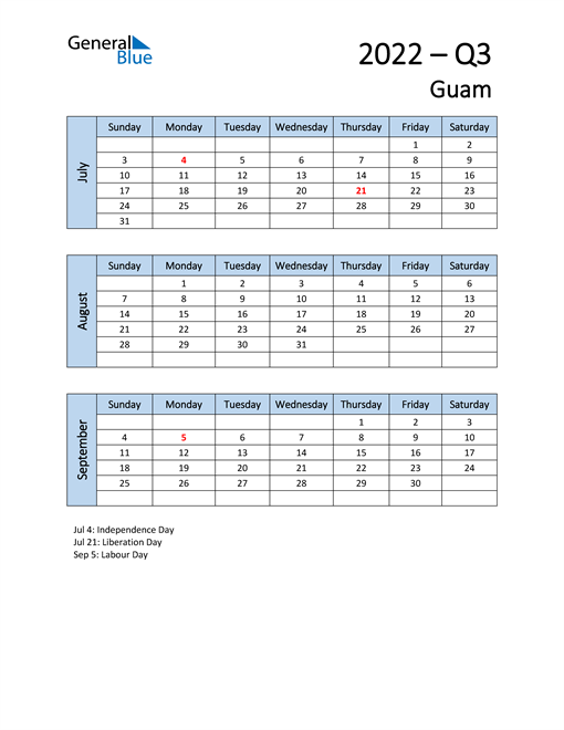  Free Q3 2022 Calendar for Guam