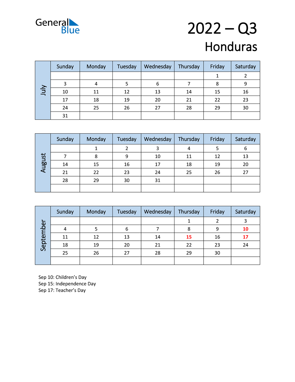  Free Q3 2022 Calendar for Honduras