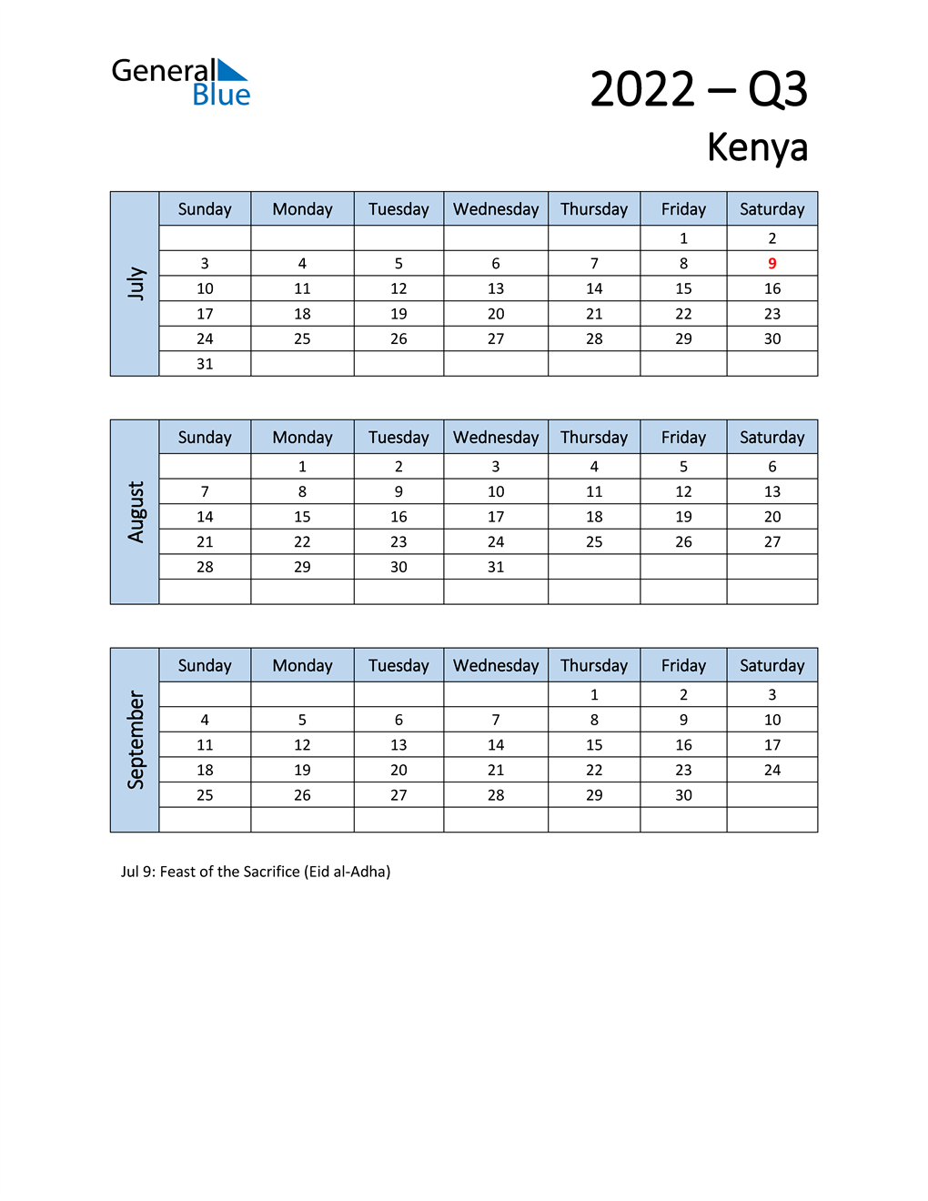  Free Q3 2022 Calendar for Kenya