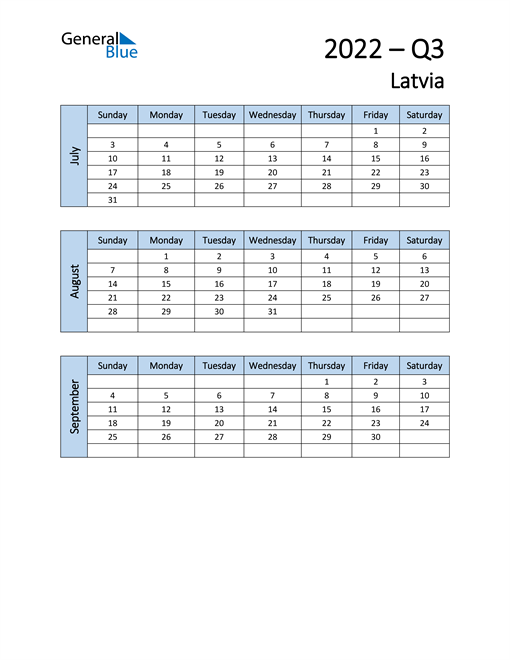  Free Q3 2022 Calendar for Latvia