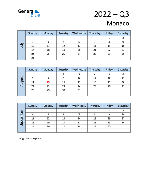  Free Q3 2022 Calendar for Monaco