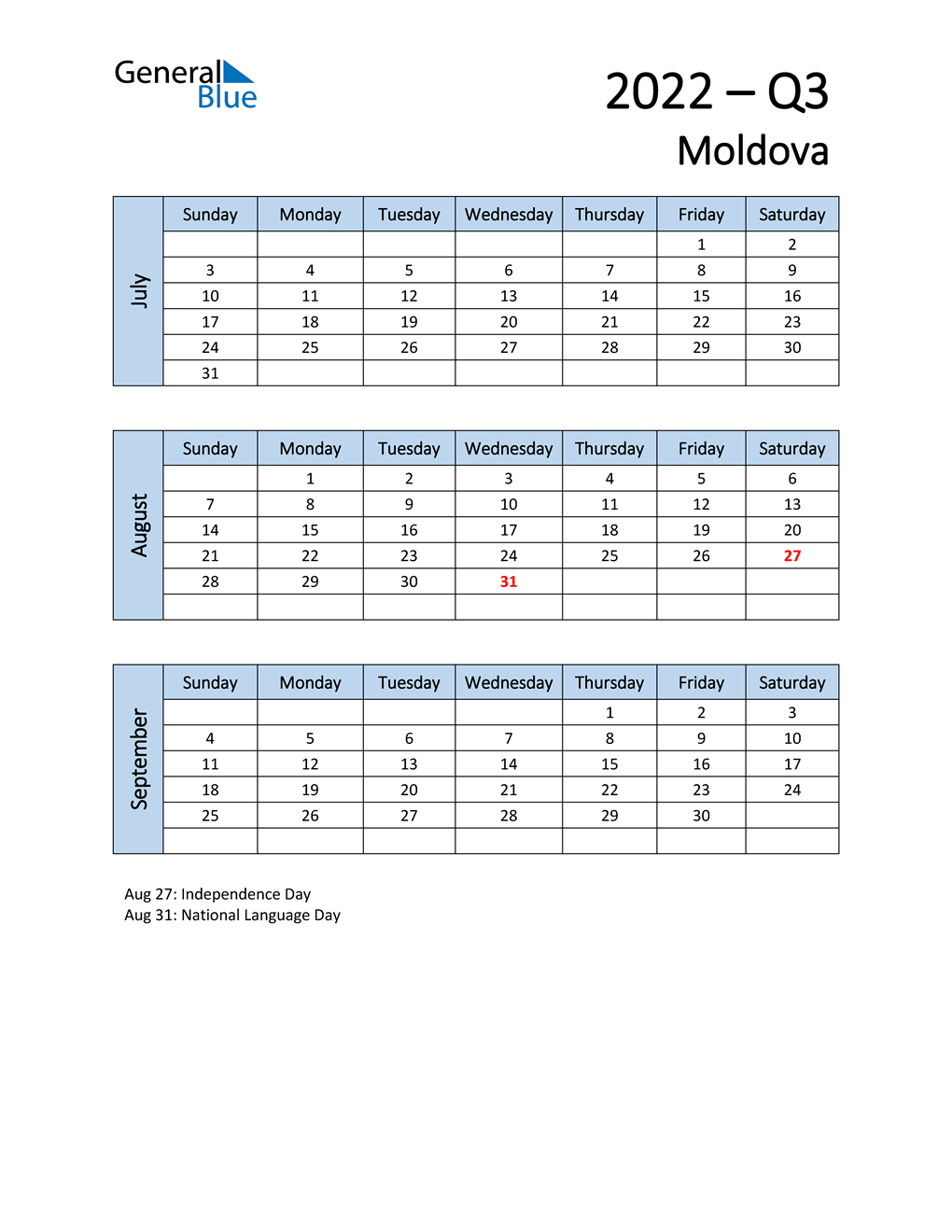  Free Q3 2022 Calendar for Moldova