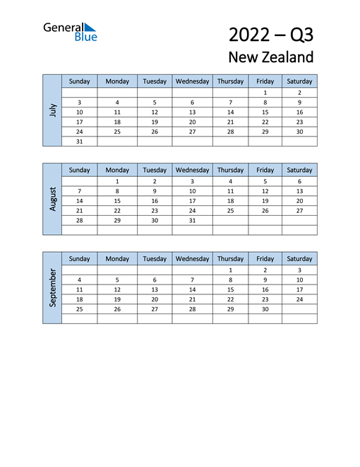  Free Q3 2022 Calendar for New Zealand