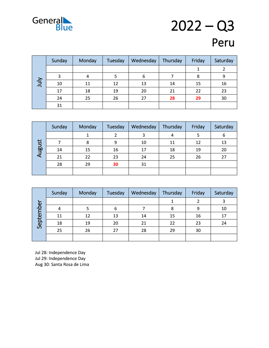  Free Q3 2022 Calendar for Peru