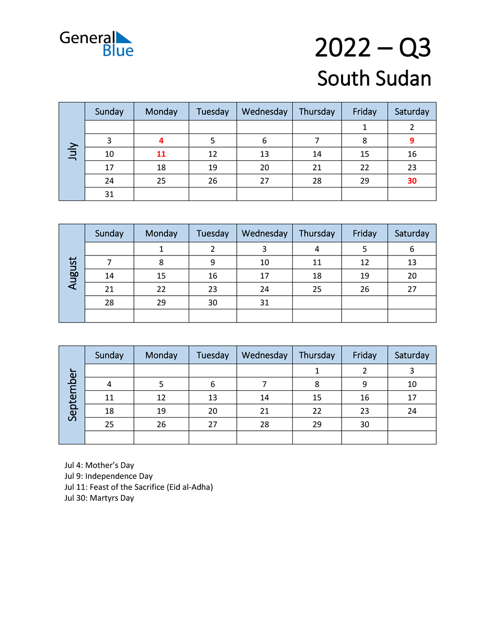  Free Q3 2022 Calendar for South Sudan