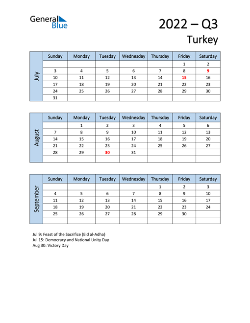  Free Q3 2022 Calendar for Turkey