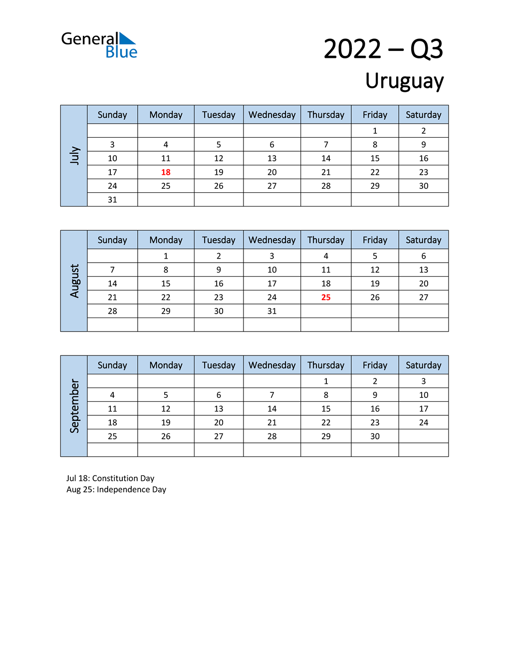  Free Q3 2022 Calendar for Uruguay