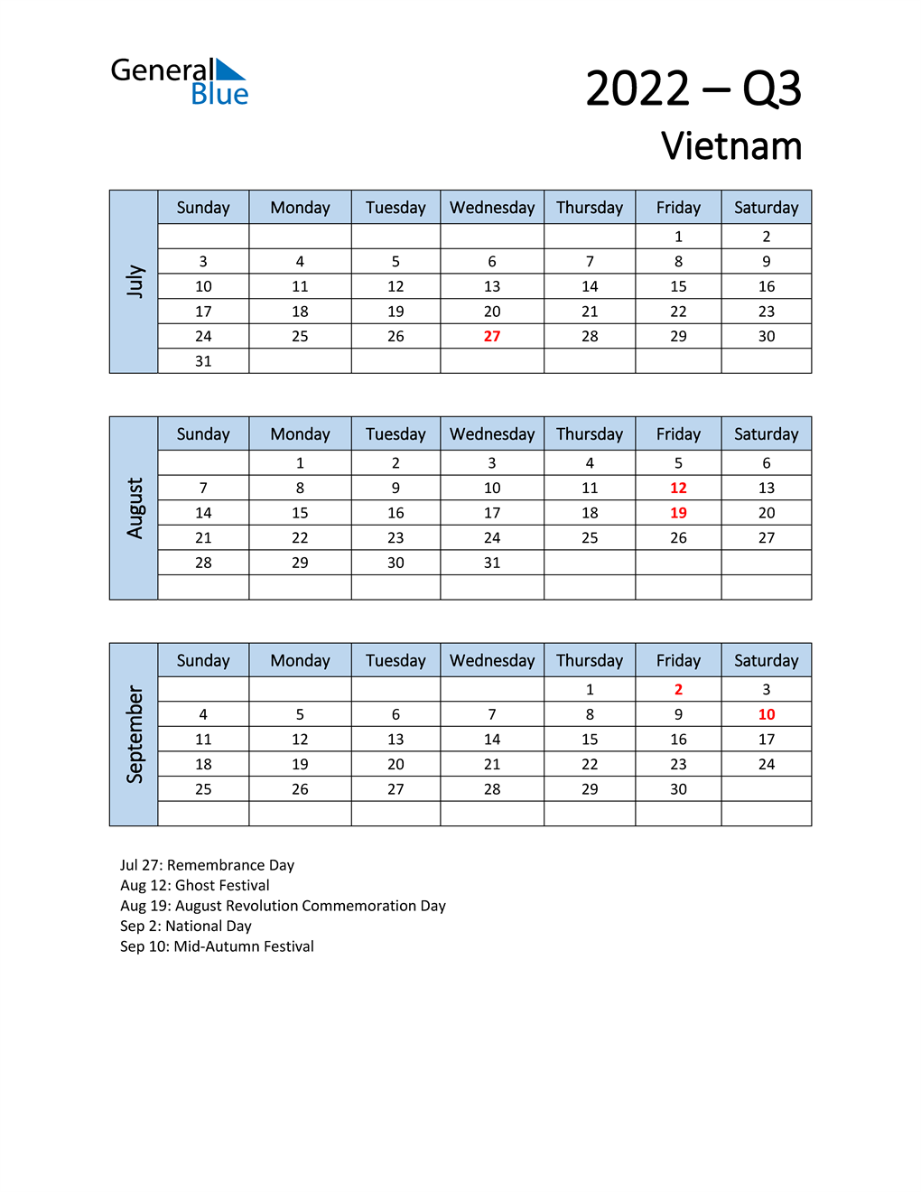  Free Q3 2022 Calendar for Vietnam