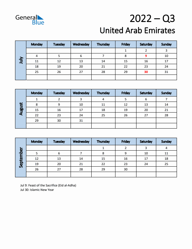 Free Q3 2022 Calendar for United Arab Emirates - Monday Start