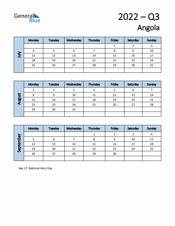Free Q3 2022 Calendar for Angola - Monday Start