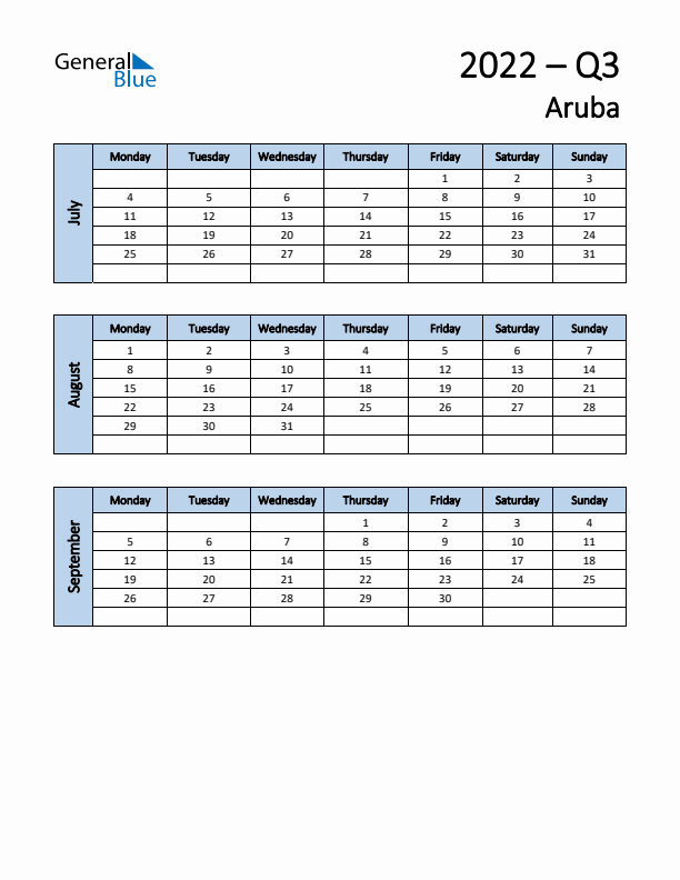 Free Q3 2022 Calendar for Aruba - Monday Start