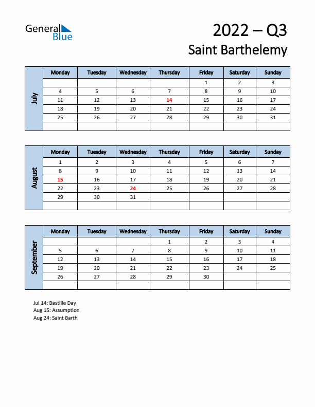 Free Q3 2022 Calendar for Saint Barthelemy - Monday Start