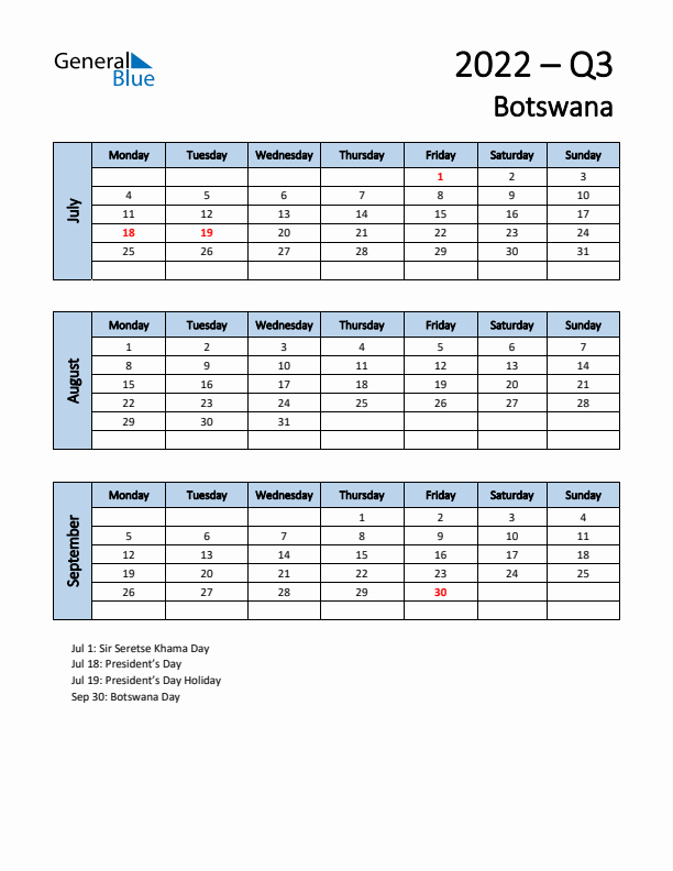 Free Q3 2022 Calendar for Botswana - Monday Start