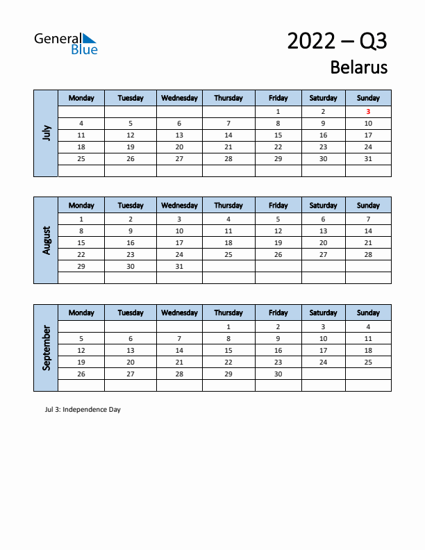 Free Q3 2022 Calendar for Belarus - Monday Start