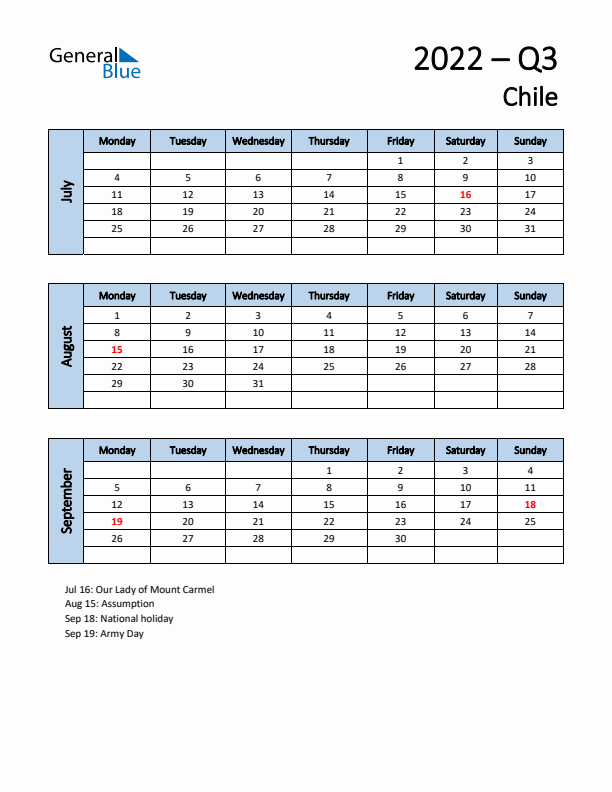 Free Q3 2022 Calendar for Chile - Monday Start