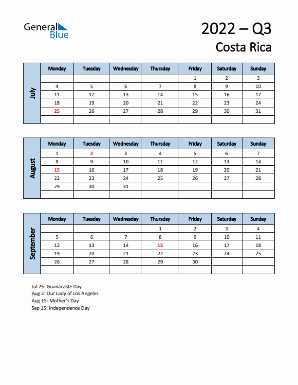 Free Q3 2022 Calendar for Costa Rica - Monday Start