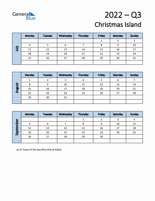 Free Q3 2022 Calendar for Christmas Island - Monday Start