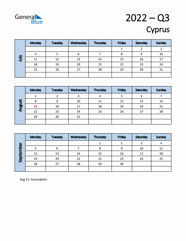 Free Q3 2022 Calendar for Cyprus - Monday Start